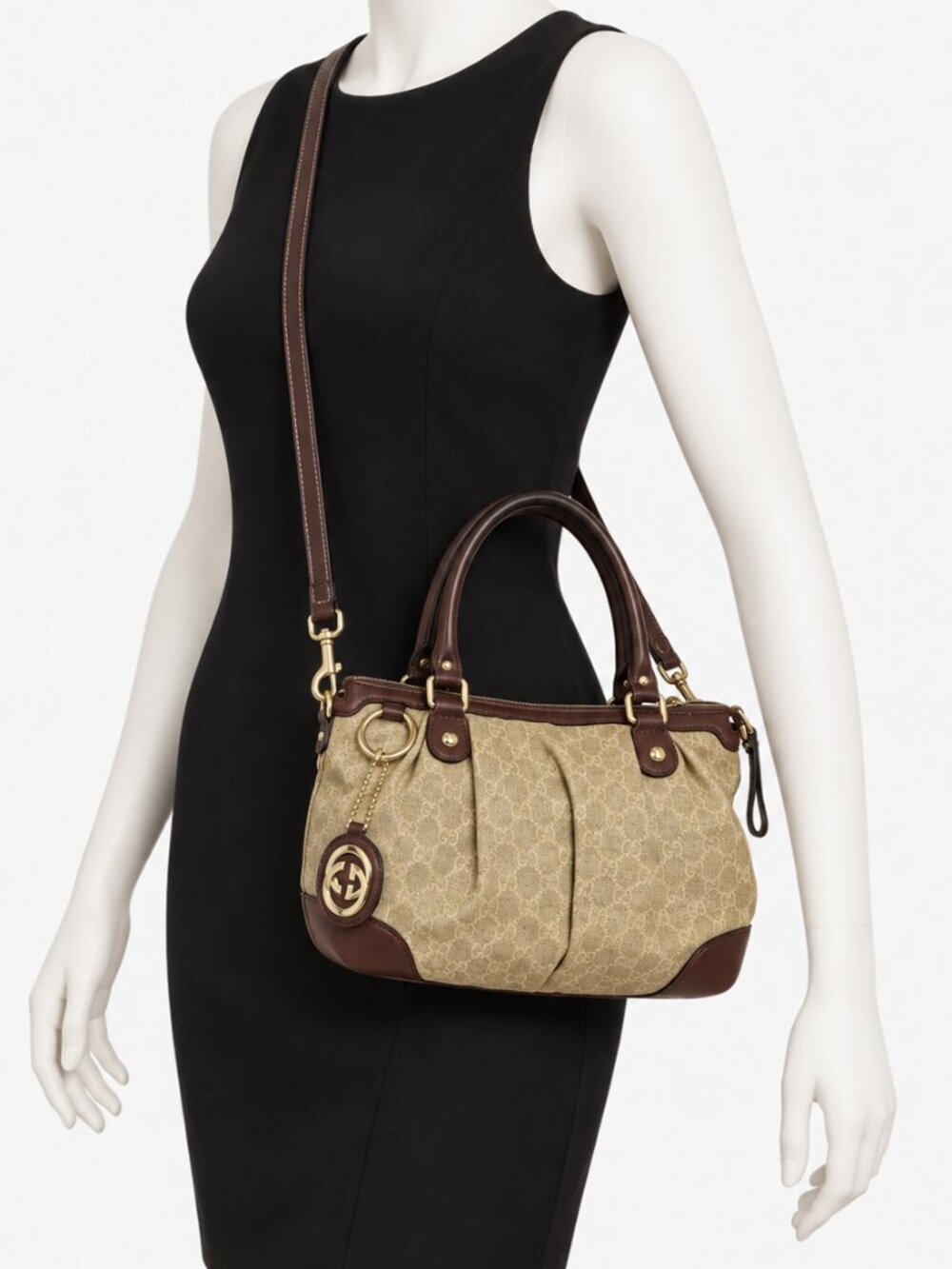 Gucci Beige Monogram Canvas Crossbody Bag with Brown Leather Trim